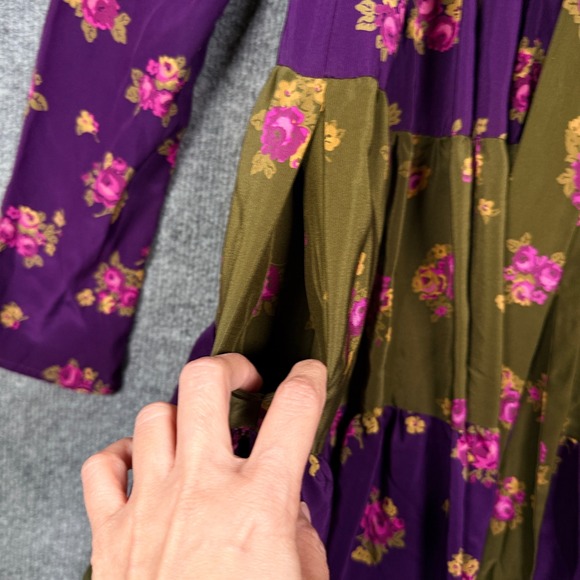 Betsey Johnson Size 6 Tiered Midi Shift Dress Purple Brown Silk Floral V Neck - Picture 5 of 10